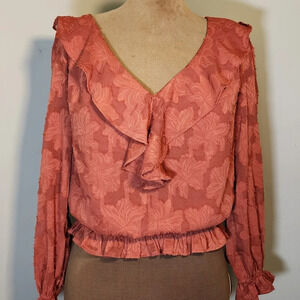 Anthropologie  burnt orange floral textured blouse long sleeve v neck  v back